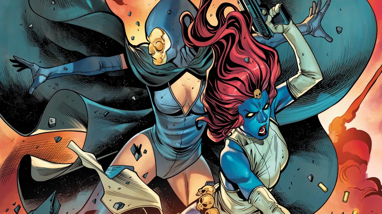 Immortal X-Men #8 variant cover art: Destiny in her hooded gold mask beside Mystique, guns drawn, back to back in action