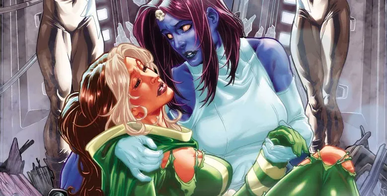 Comic art of Mystique cradling a wounded Rogue in her green and white costume