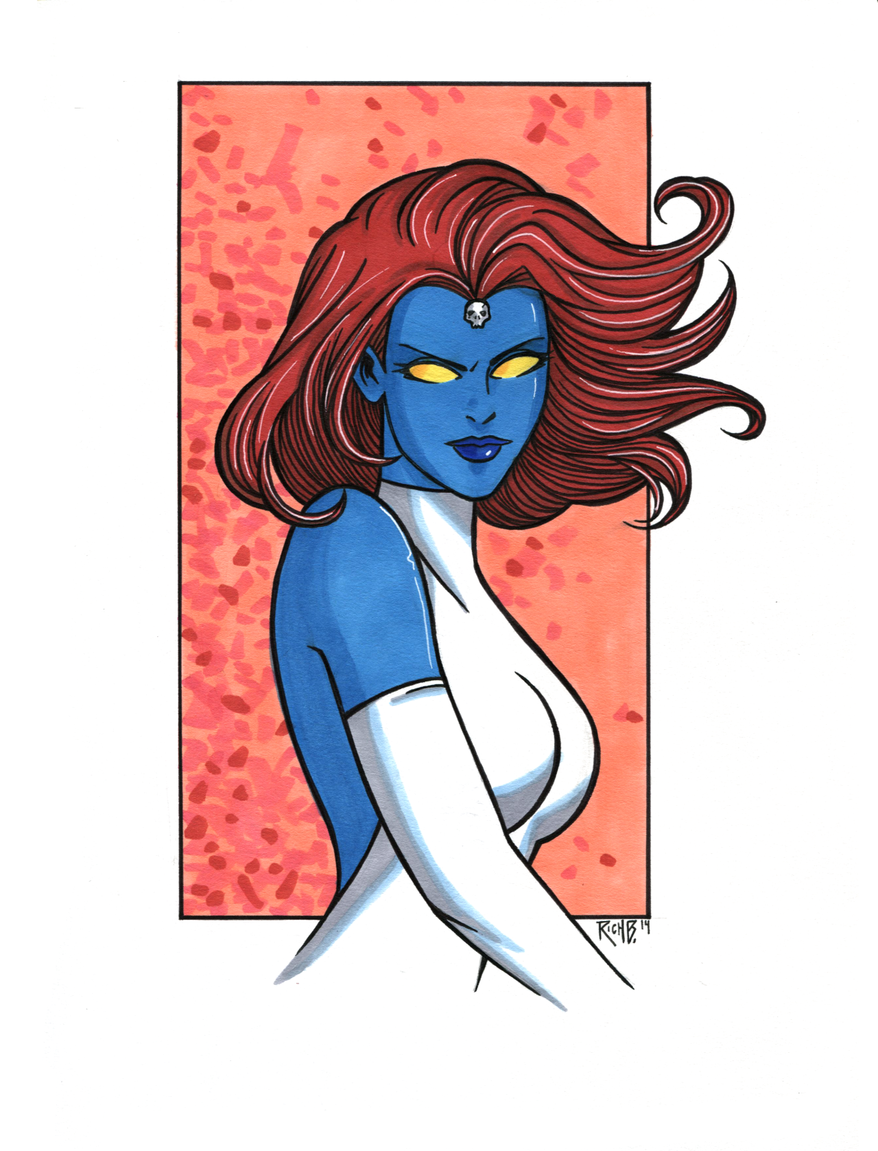 Comic art of Mystique in her classic white costume with skull belt, blue skin and red hair