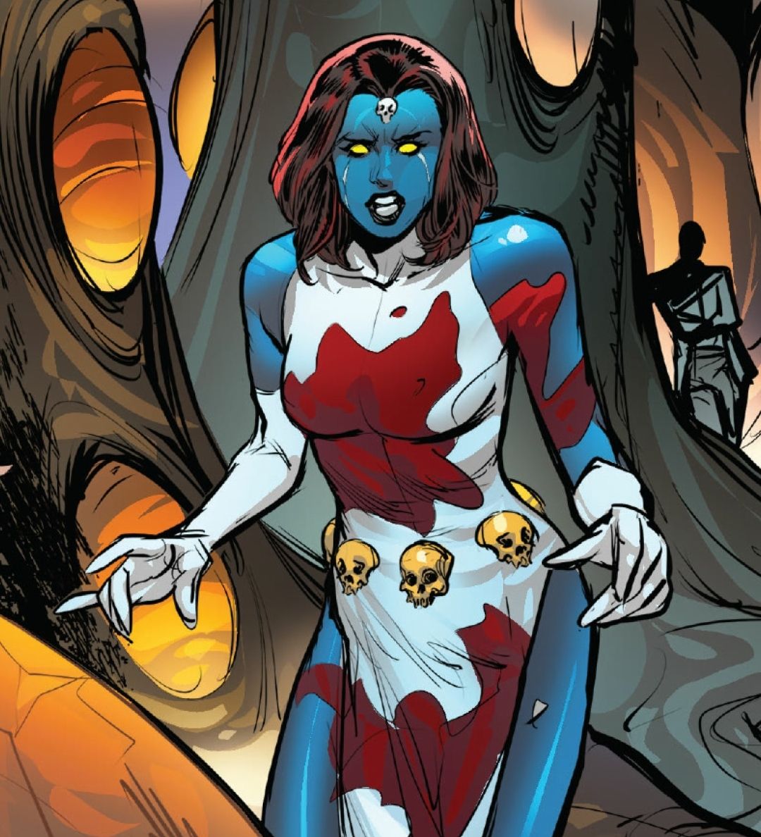 Comic art of Mystique, blue-skinned shapeshifter with red hair