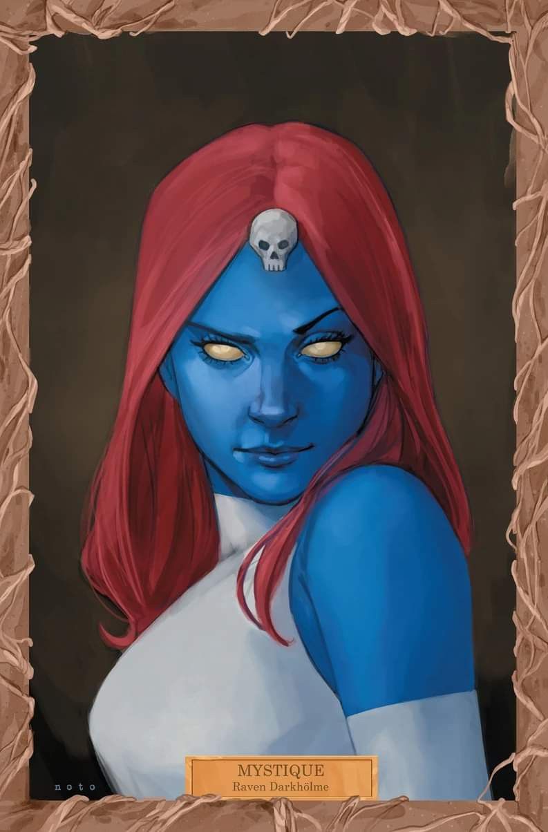 Comic art of Mystique, blue-skinned shapeshifter with red hair