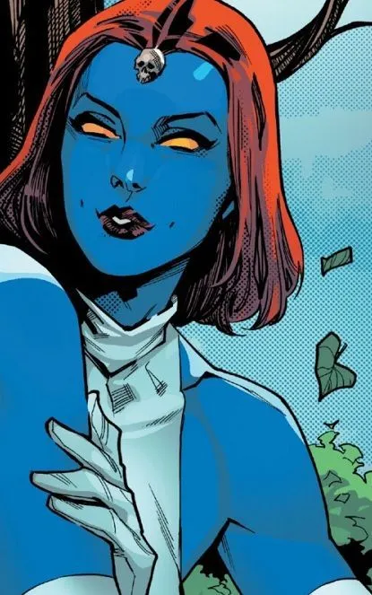 Mystique classic comic portrait, blue skin and skull ornament
