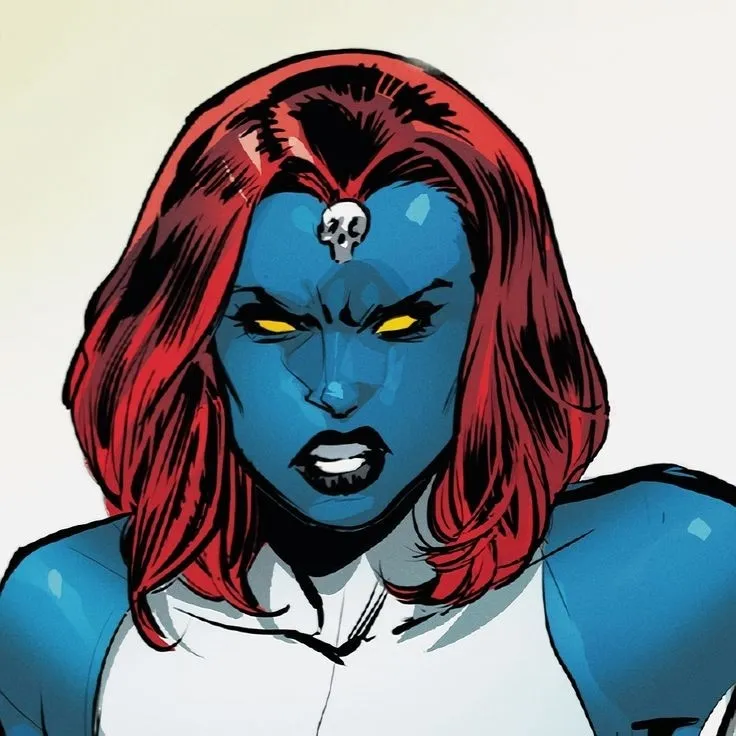 Mystique comic panel portrait, blue skin and red hair