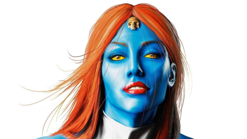 Mystique portrait: blue skin, yellow eyes, red hair and skull ornament