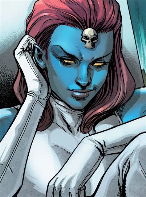Mystique portrait: blue skin, yellow eyes, red hair and skull ornament