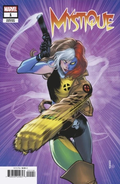 Mystique #1 variant cover: Mystique caught mid-shapeshift, half her face blue