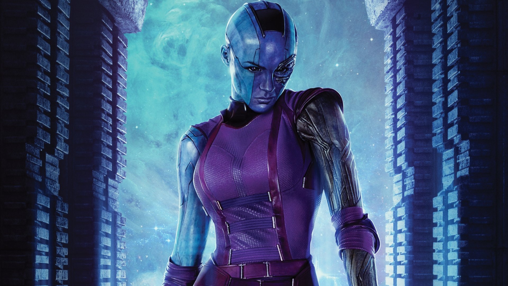 Nebula, blue-skinned with cybernetic eye and arm