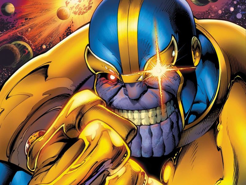 Thanos in gold and blue armor, comic art