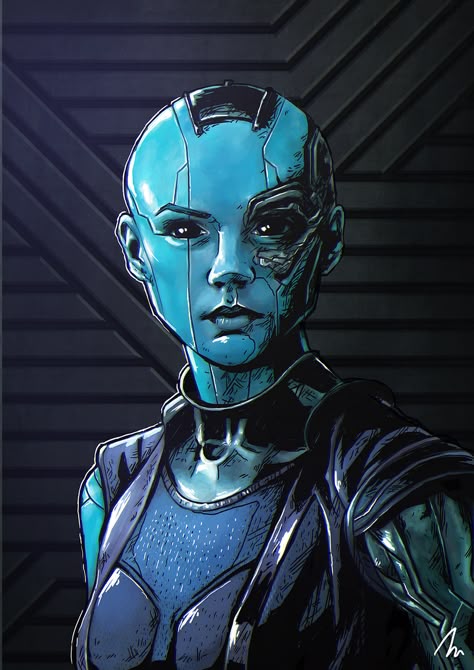 Nebula portrait with cybernetic plating on her scalp and face and a metal arm