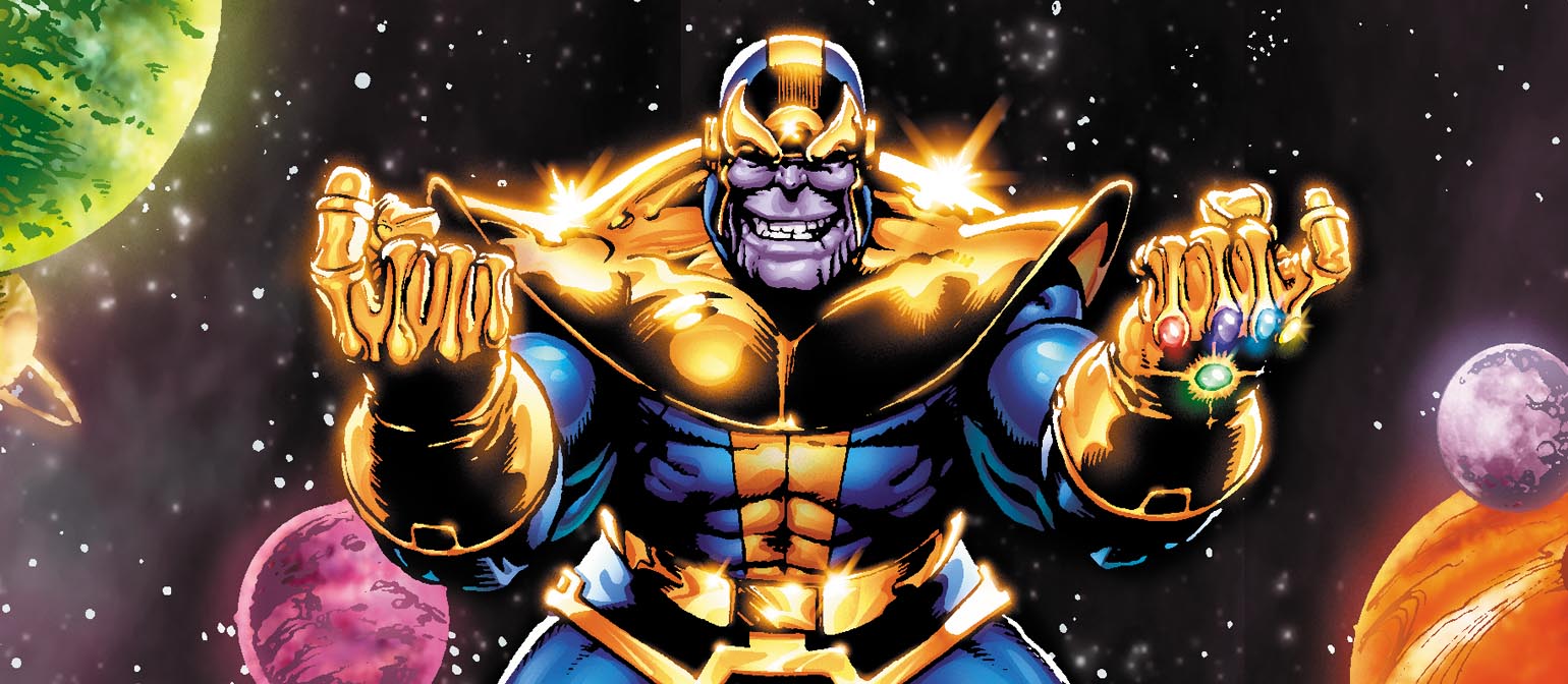 Thanos wearing the Infinity Gauntlet, comic cover art
