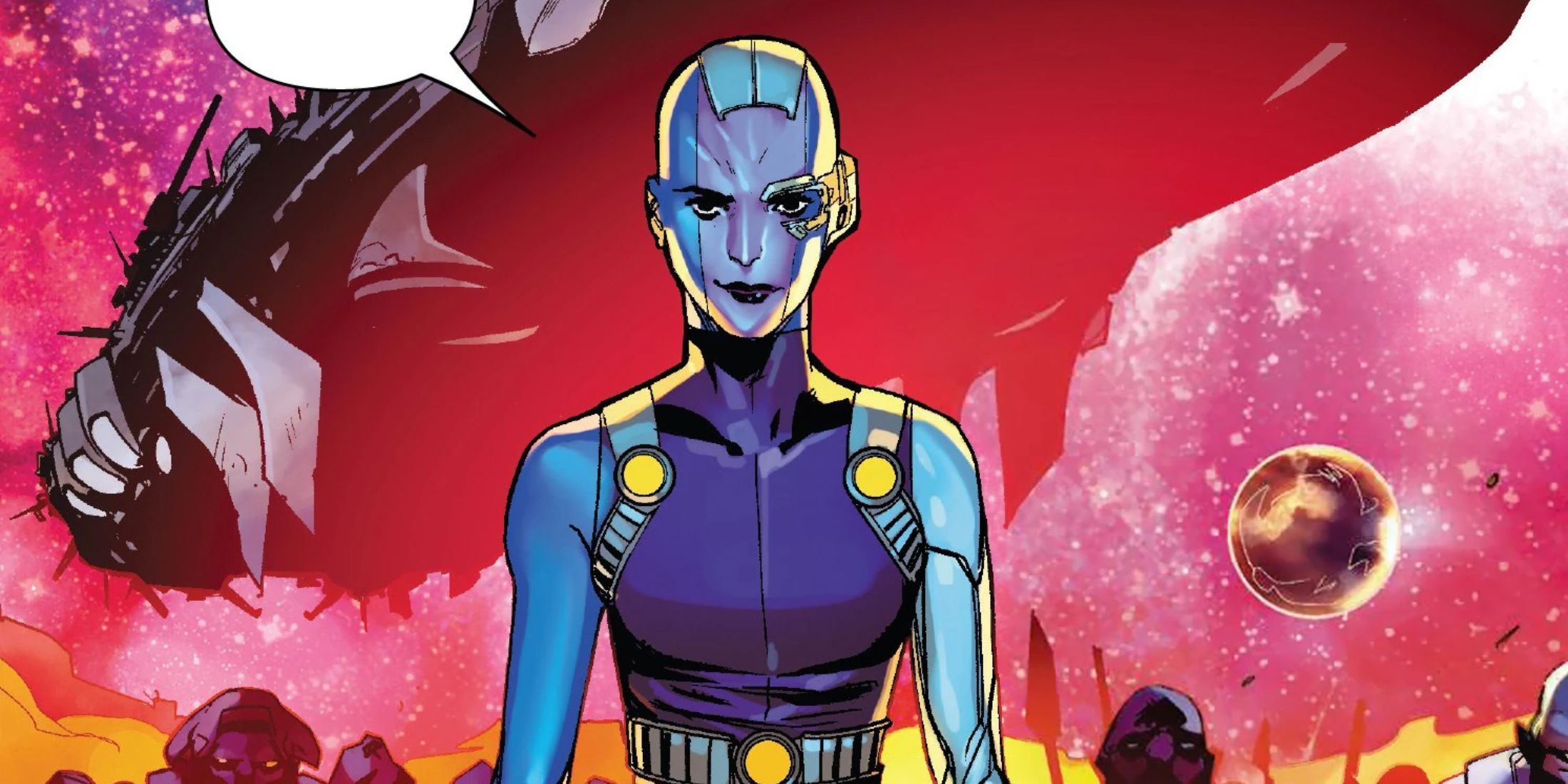 Nebula comic panel art with cybernetic eye implant and head plating