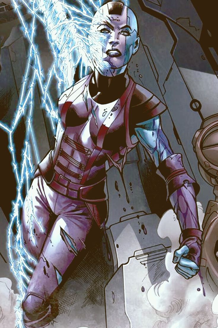 Nebula comic art, battle-damaged, with cybernetic face plating and arm