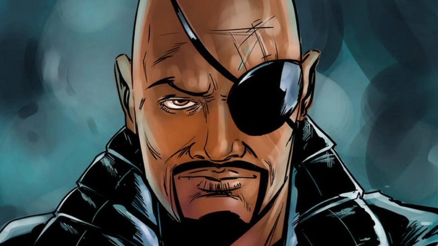 Nick Fury comic portrait with eyepatch and facial scars