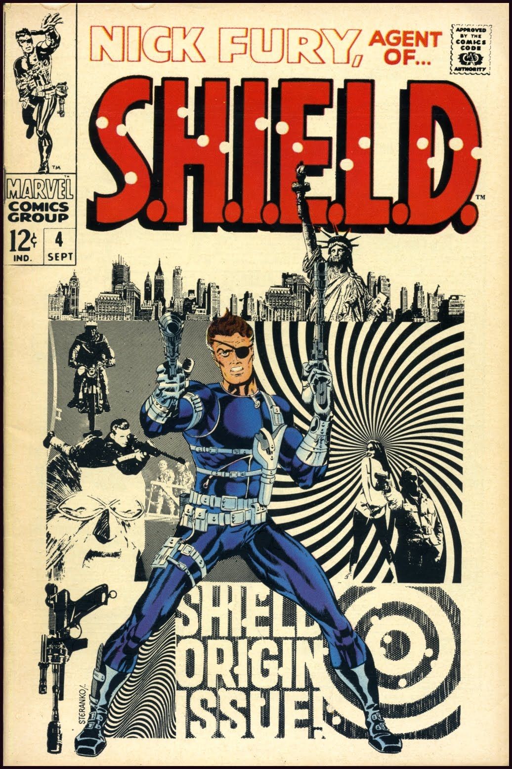 Cover of Nick Fury, Agent of SHIELD #4 by Jim Steranko, Fury with eyepatch holding two guns