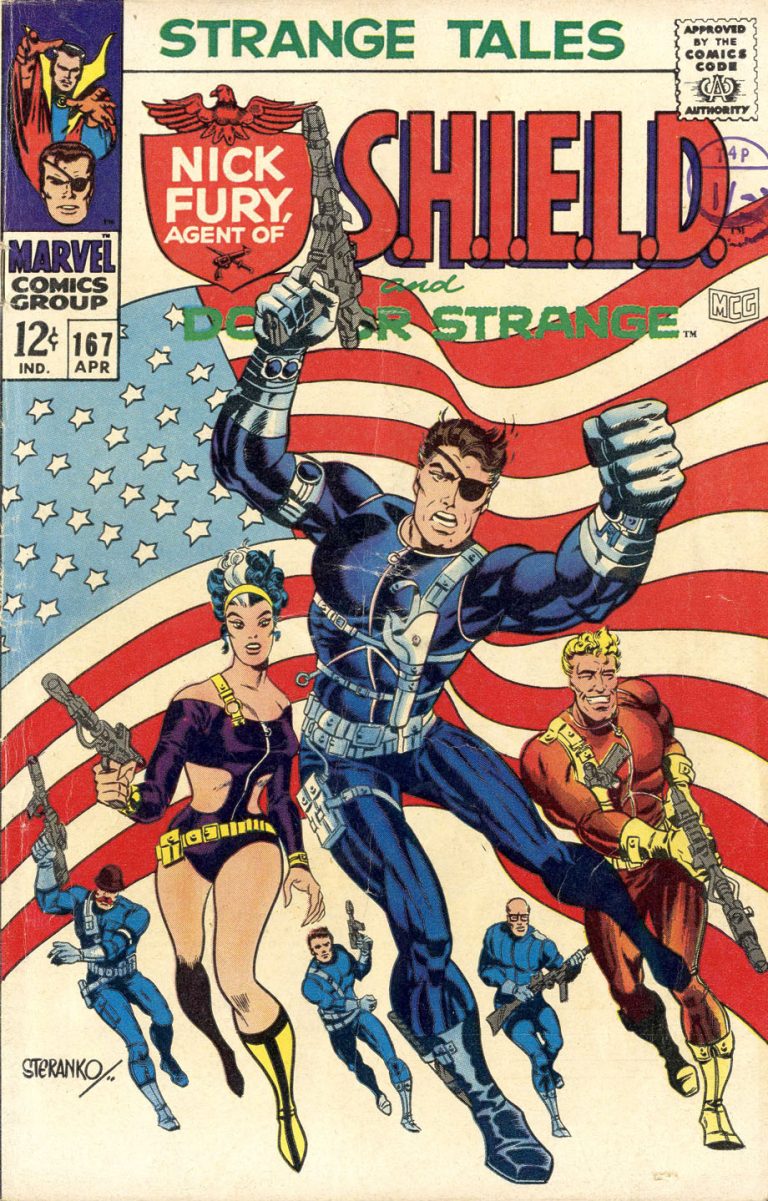 Strange Tales #167 cover by Jim Steranko: Nick Fury with eyepatch in SHIELD uniform