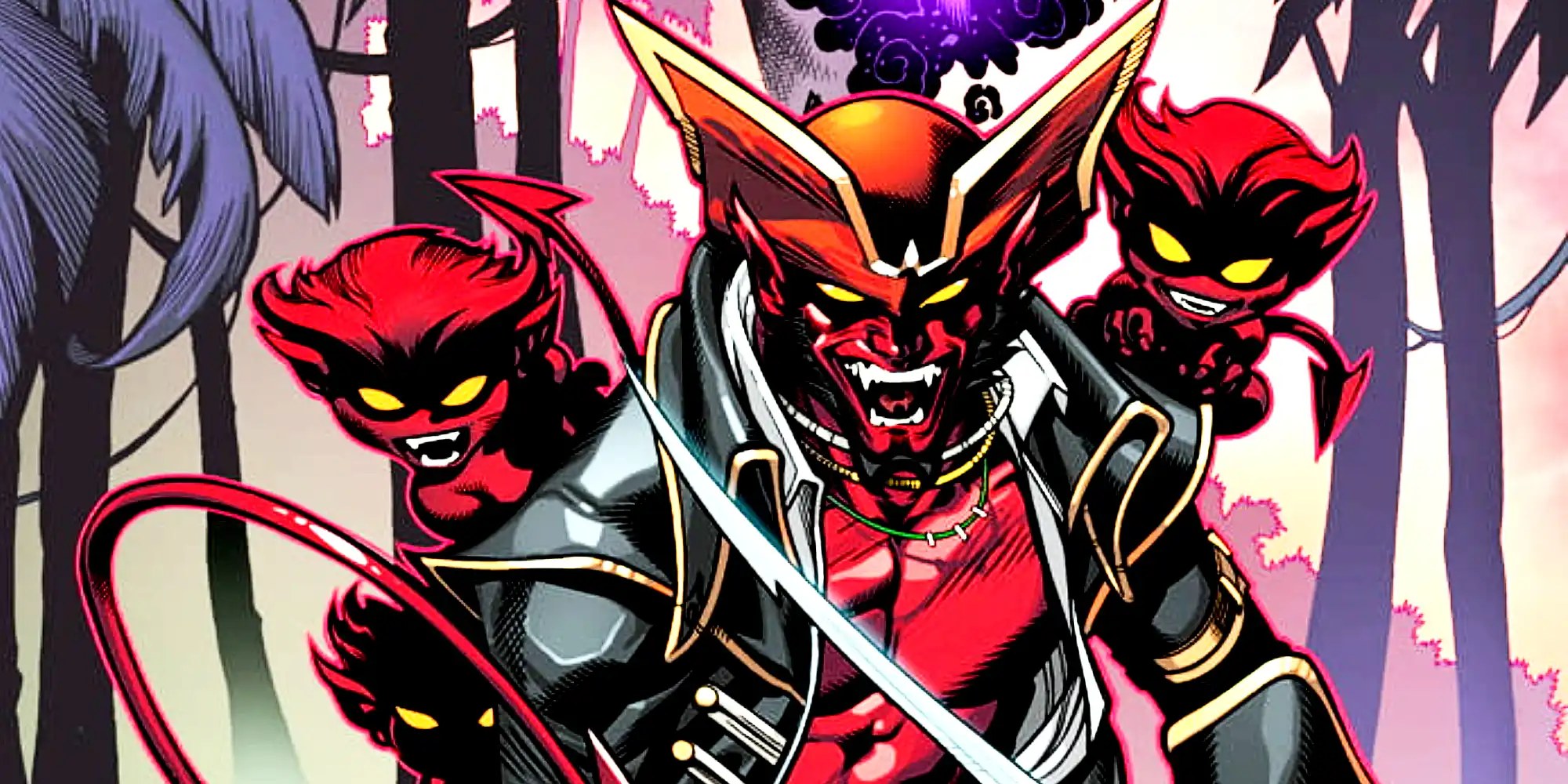 Azazel with two red Bamfs riding on his shoulders