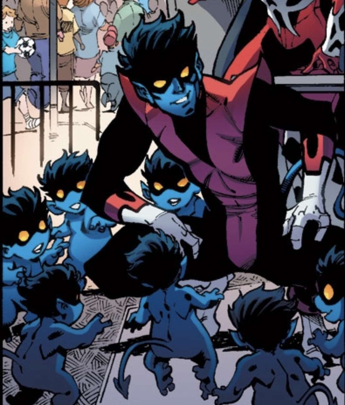 Nightcrawler surrounded by the blue Bamfs of the Jean Grey School