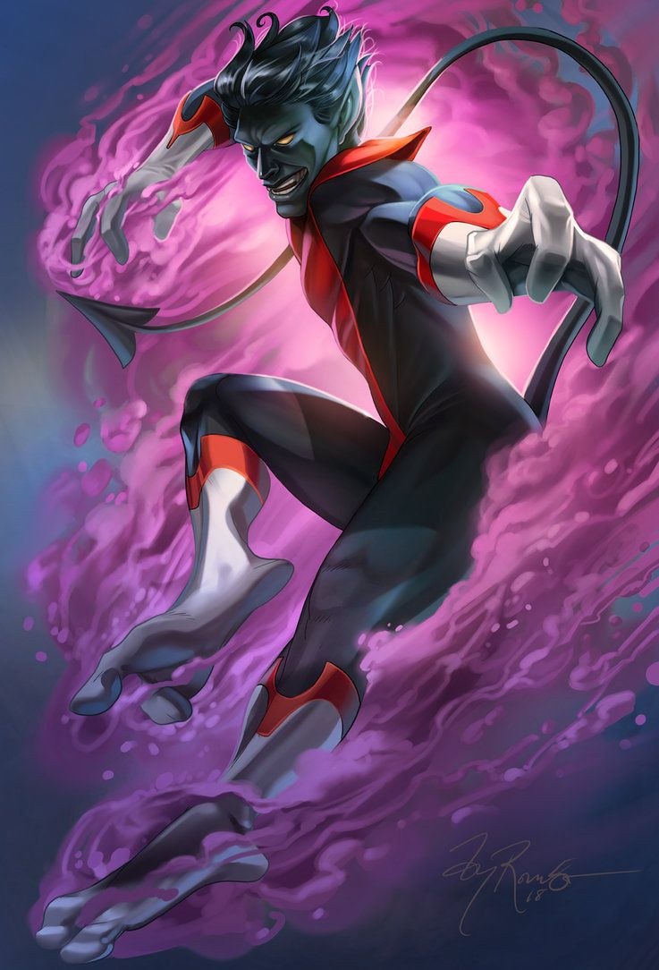 Nightcrawler mid-teleport, wrapped in purple brimstone smoke