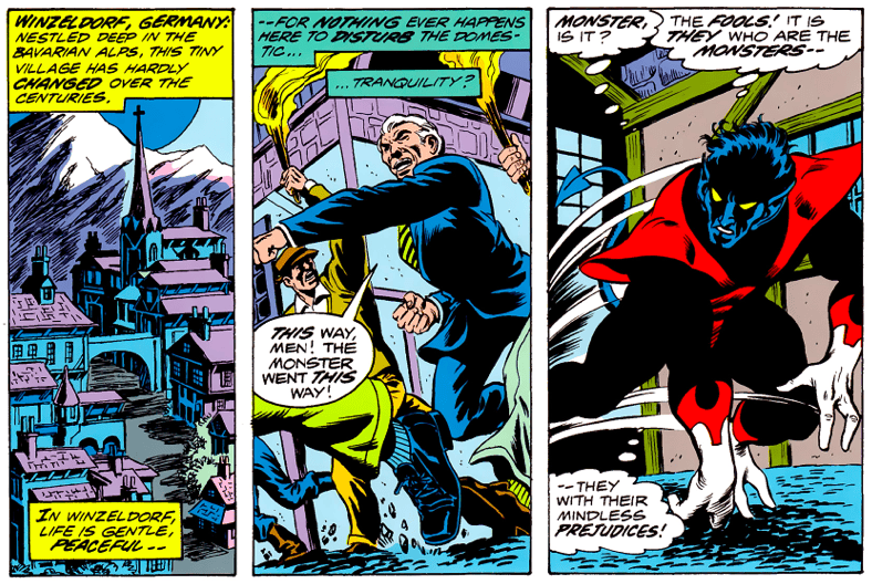 Nightcrawler hunted by a mob in Winzeldorf comic panel
