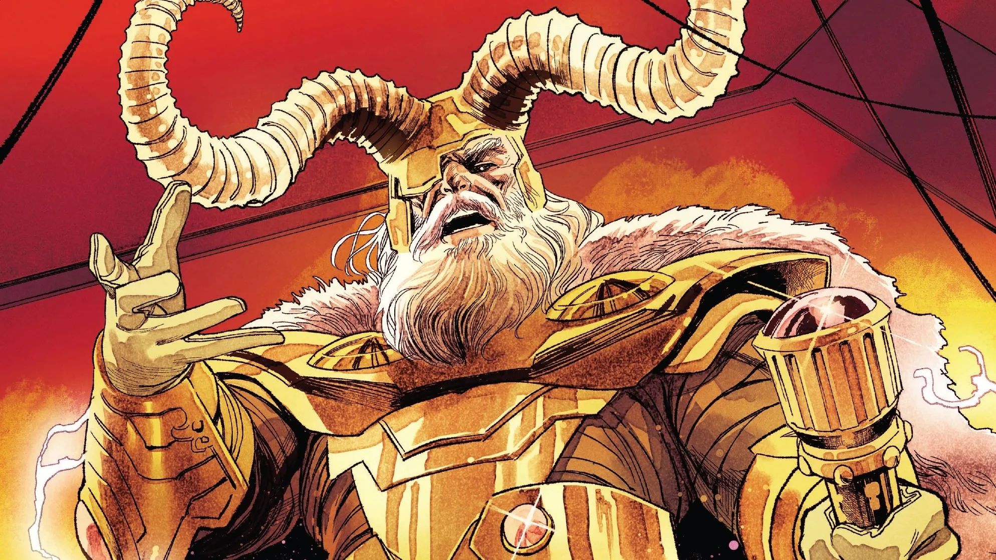 Odin in horned golden armor, comic art