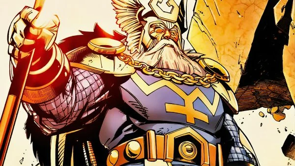 Odin in winged helm and armor holding a spear, comic art