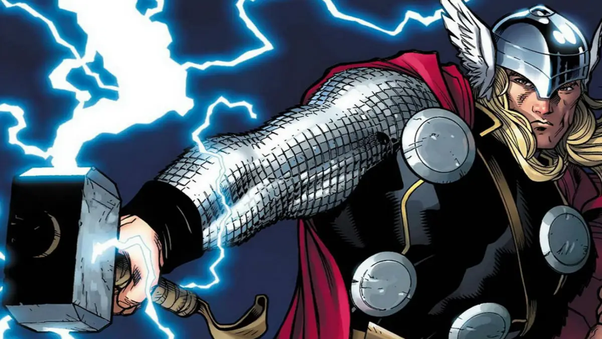 Thor holding Mjolnir crackling with lightning, comic art