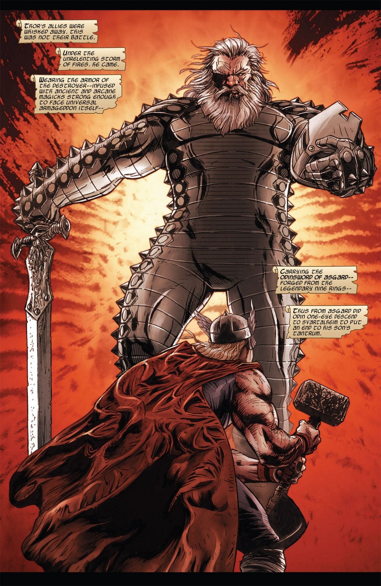 Odin in Destroyer armor facing Thor, comic panel captioned Odin One-Eye