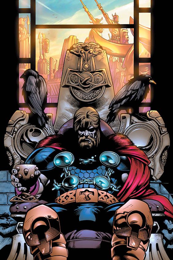 Thor enthroned in Asgard, comic art