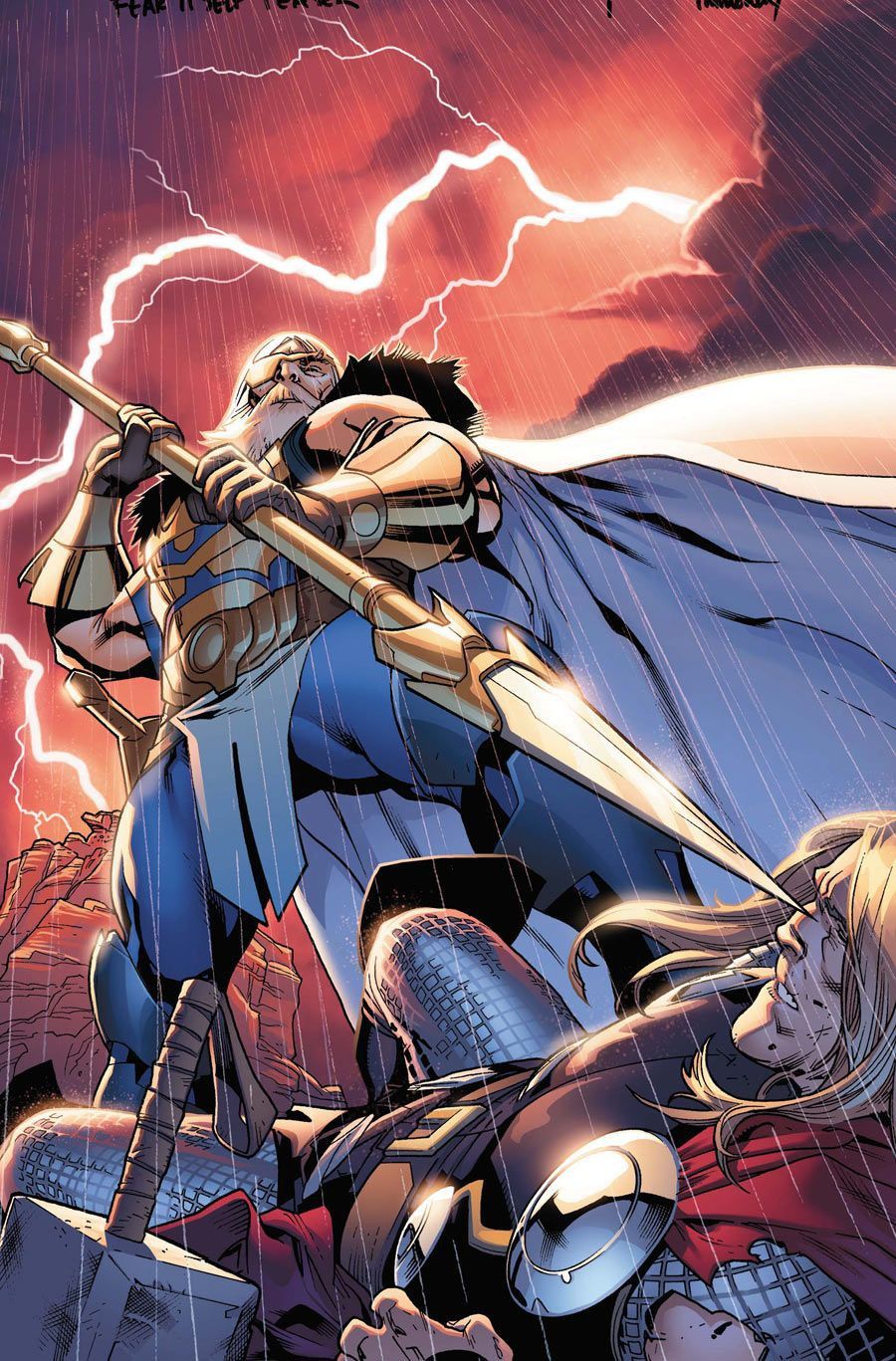 Odin with eyepatch and spear standing over Thor in Fear Itself comic art