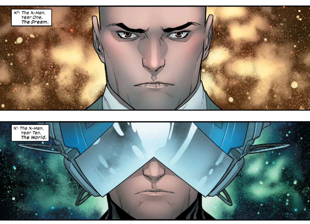 Professor X in Powers of X panels, with and without the Cerebro helmet