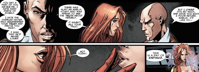 Comic panels of Amelia Voght confronting Professor X
