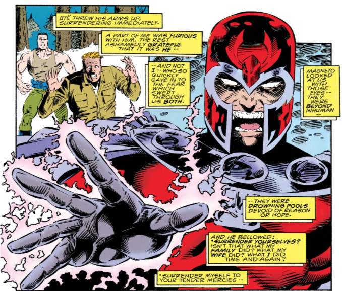 Magneto in his helmet unleashing his powers in a comic panel