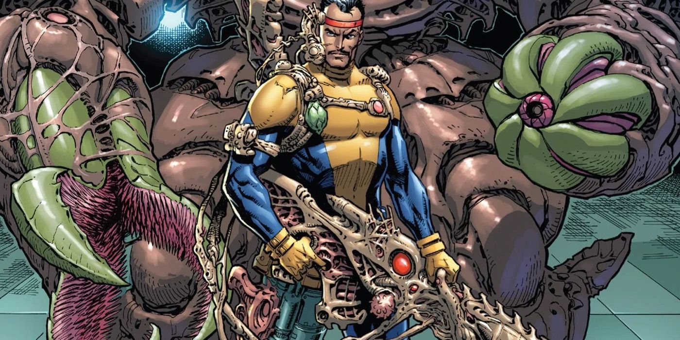 Forge surrounded by biomechanical technology comic art