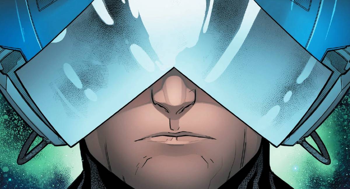 Professor X in Cerebro helmet close-up comic art