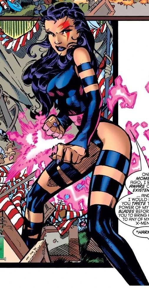 Comic panel of Psylocke from Uncanny X-Men #349 showing the red Crimson Dawn tattoo over her left eye