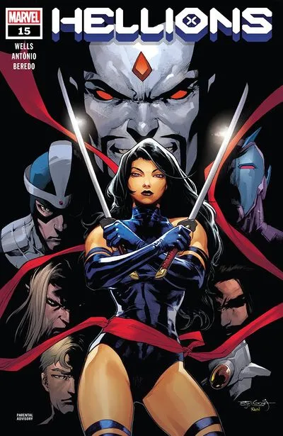 Hellions issue 15 cover with Psylocke holding two swords in front