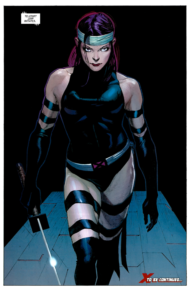 Psylocke holding her glowing psychic blade, comic art