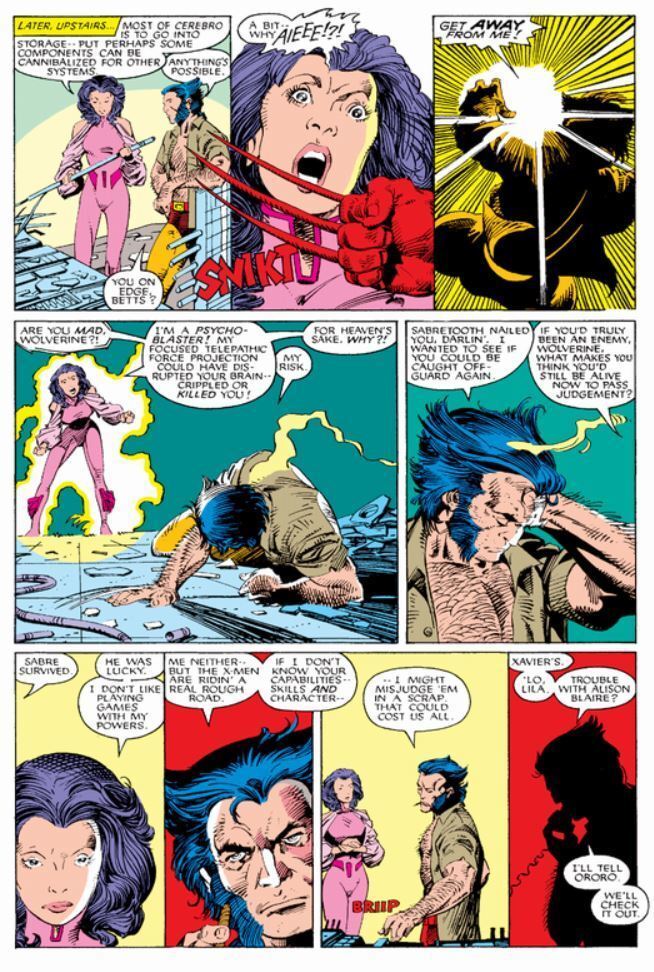 Betsy Braddock in pink costume with Wolverine comic panels