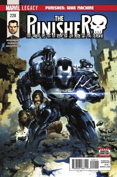 The Punisher #220 cover art, Frank Castle in War Machine armor firing a repulsor blast in a ruined city, civilians behind him