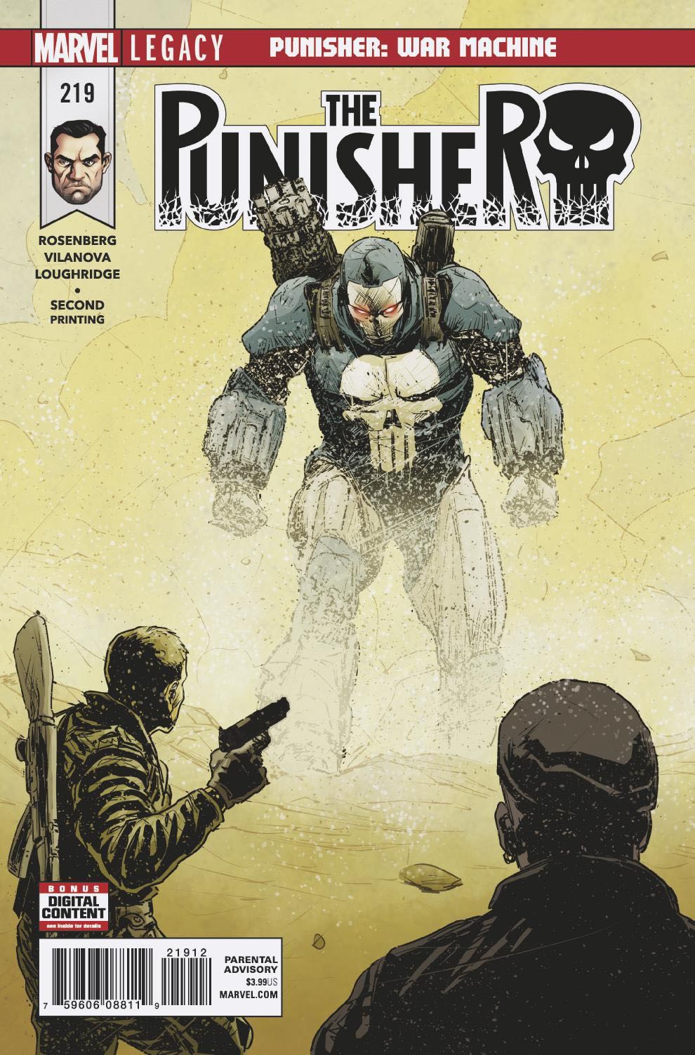 The Punisher #219 second printing cover art, Frank Castle in War Machine armor with a skull chest plate and glowing red eyes, facing two armed men