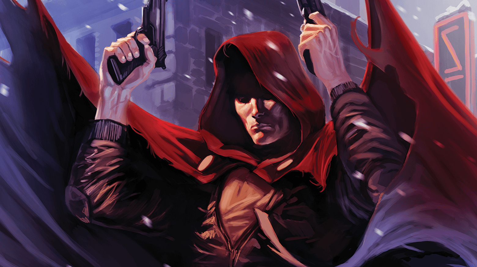 The Hood in his red cloak holding two pistols