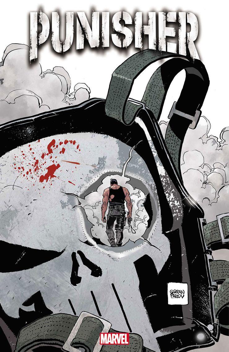Punisher cover art showing Castle walking away inside a skull emblem