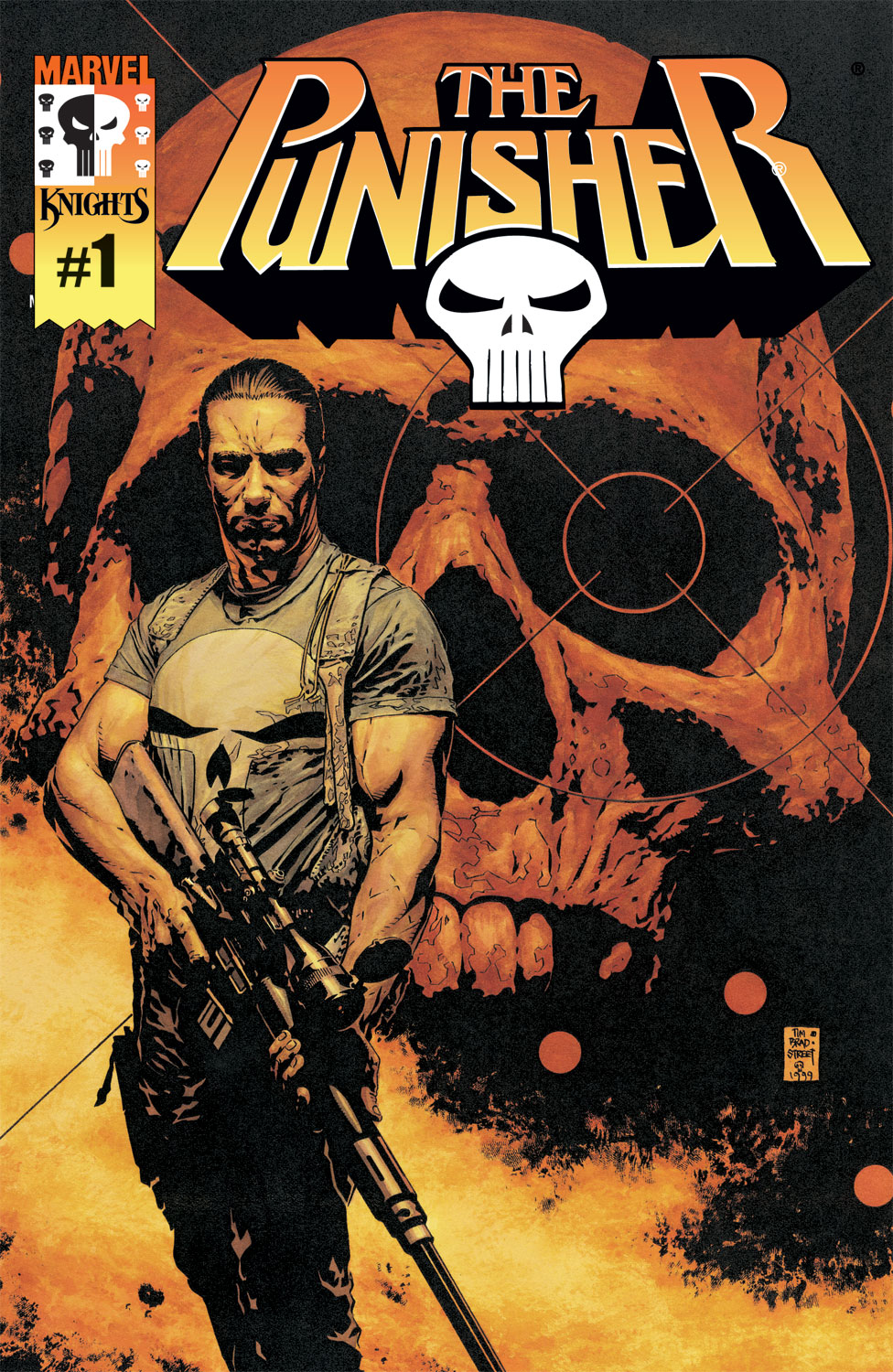 The Punisher with the chest-filling white skull emblem comic art