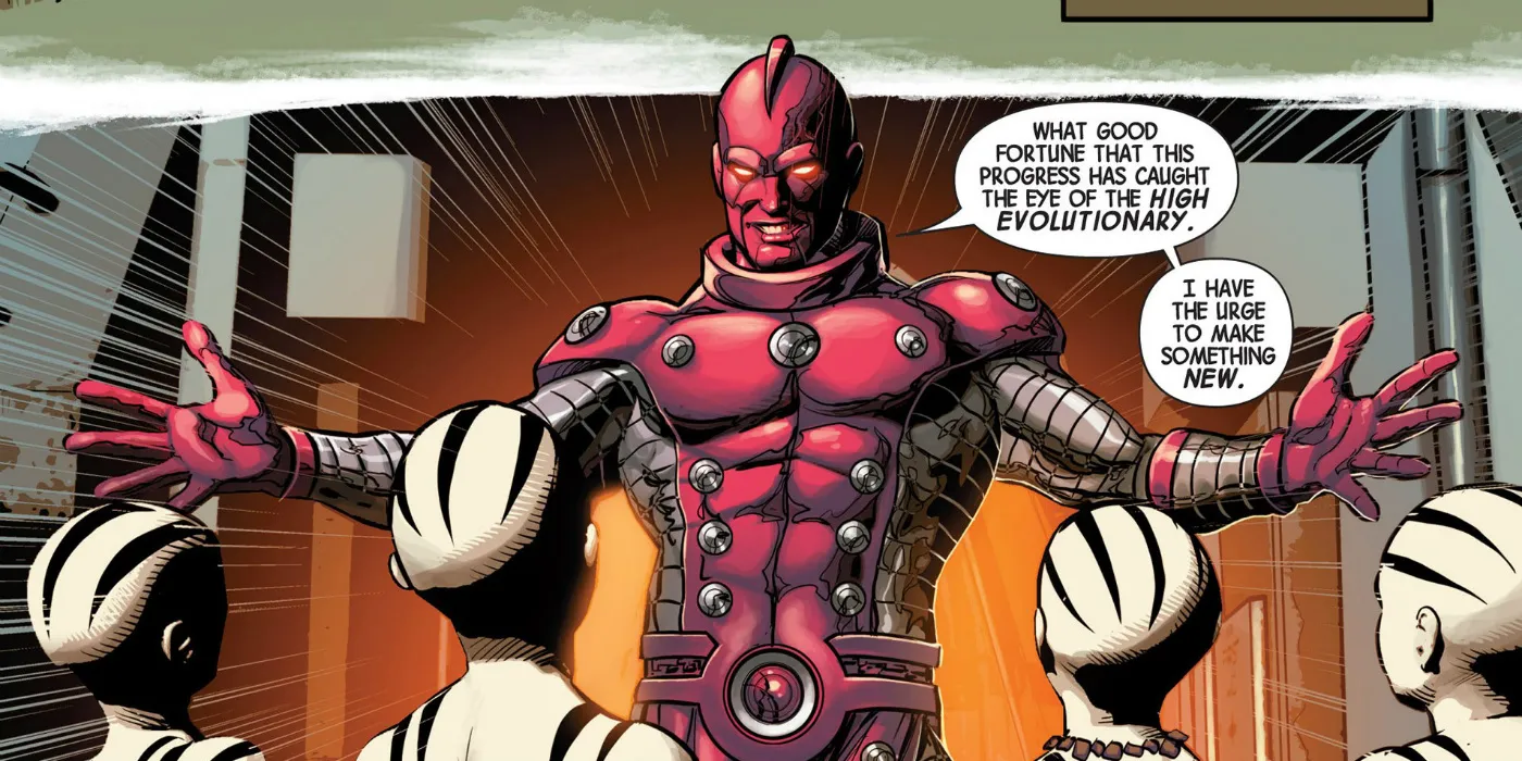 The High Evolutionary in red armour in a comic panel