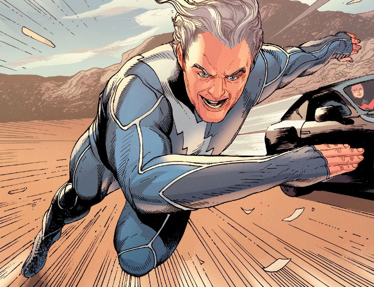 Quicksilver running at full speed past a car in a comic panel