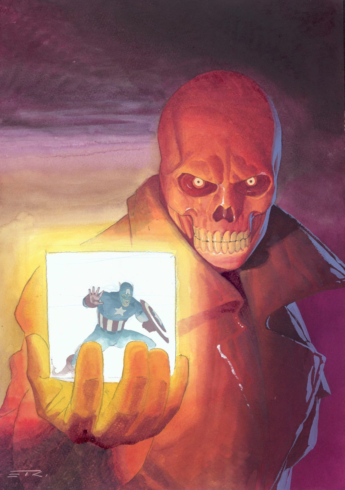 Red Skull comic art, his red skull face holding a glowing cube with Captain America inside