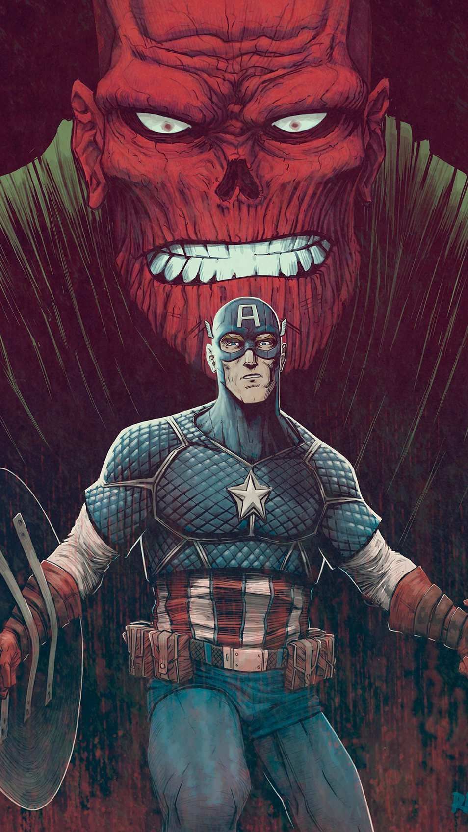 Red Skull's giant red face looming behind Captain America