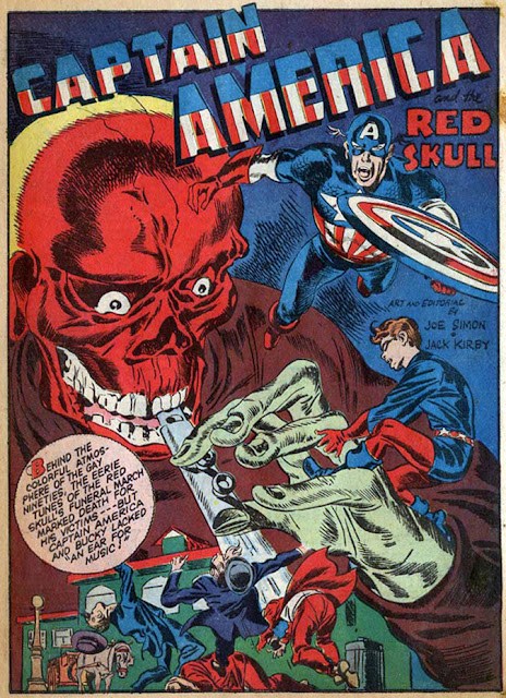 Golden Age Captain America comic splash with giant Red Skull face
