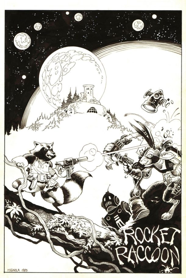 Black and white Mignola art of Rocket Raccoon firing at Blackjack O'Hare on Halfworld
