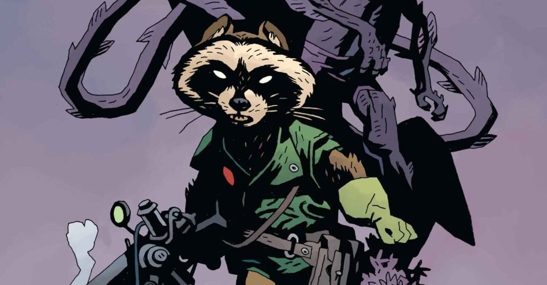 Rocket Raccoon in his green ranger uniform holding a smoking weapon, Mignola-style art